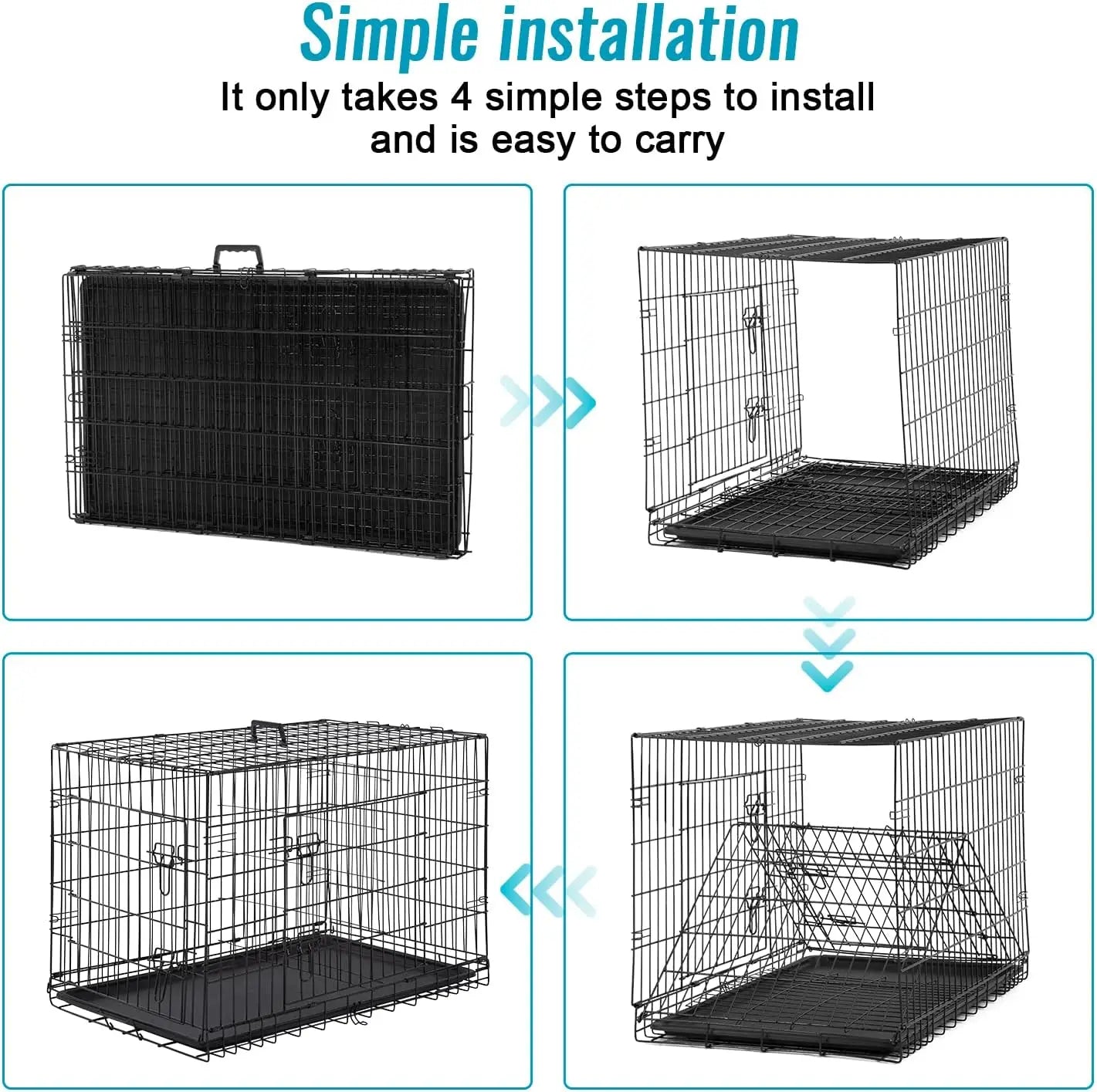 Folding Metal Dog Crate With Double Doors And Leak Proof Tray