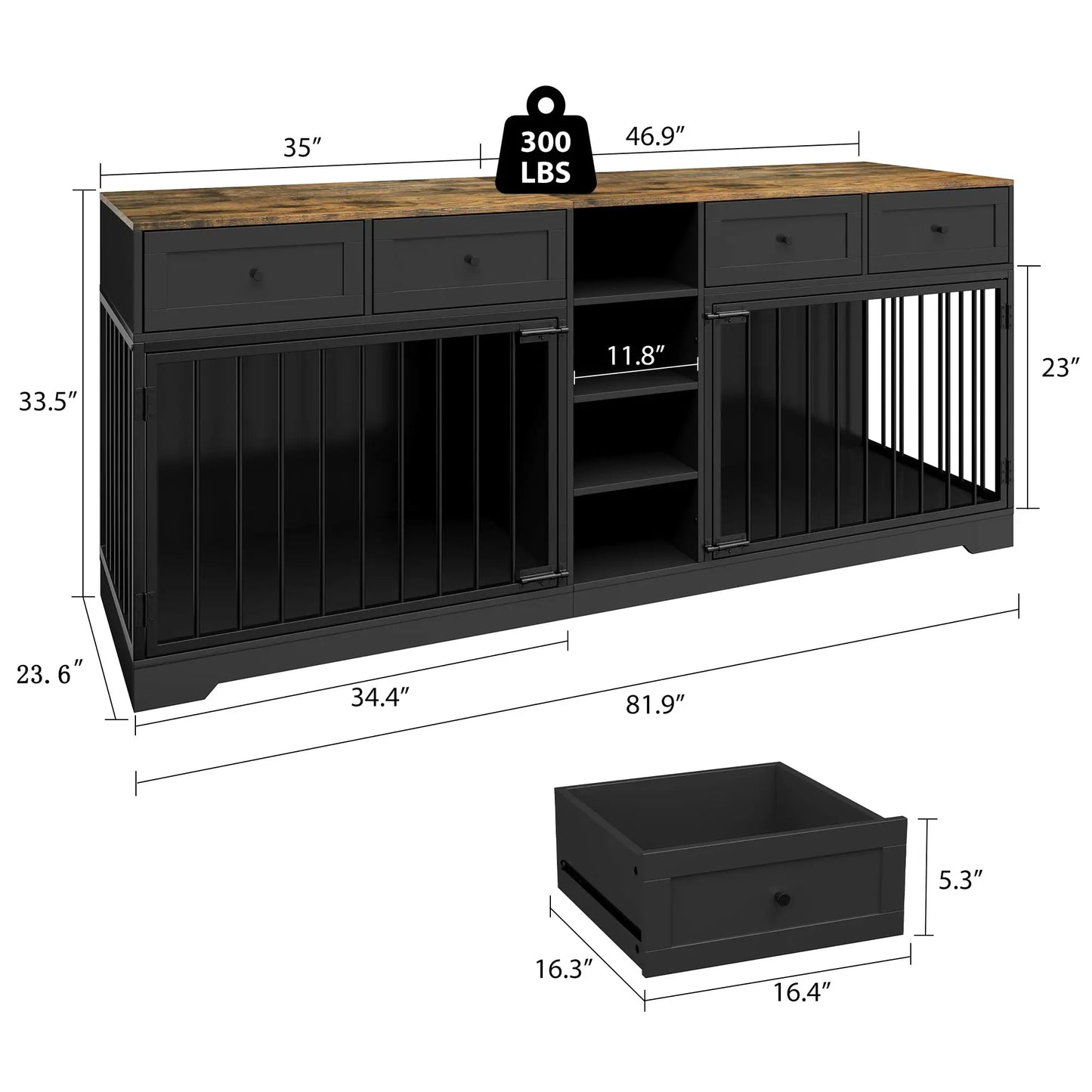 HiMISS Heavy-Duty Double Dog Crate Furniture TV Stand With Drawers