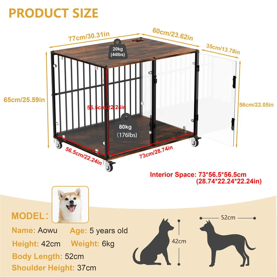 BINGOPAW Indoor Dog Cage: Furniture Style Tempered Glass Dog Pet Cage Dog Kennel End Table Crate with Smooth Rolling Wheels