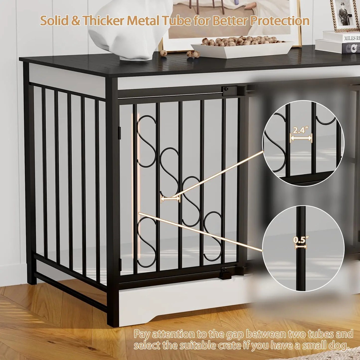 71' Black & White Double Dog Crate Furniture for 2 Dogs, Heavy Duty Wooden Dog Kennel Furniture