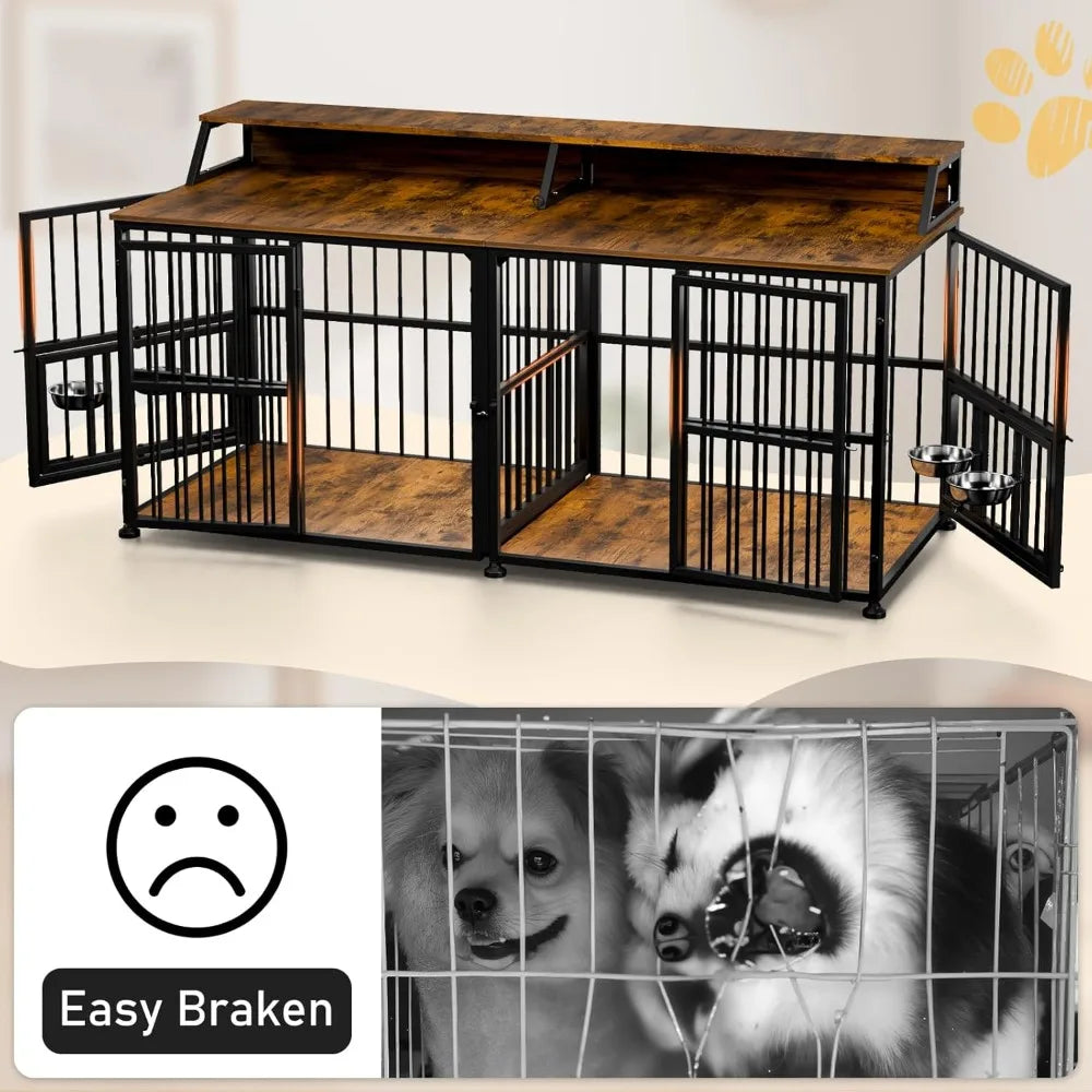 Extra Large Double Dog Cage for Two Dogs, 72 Inch Thick Wooden Crate with Storage Rack for Large Breeds