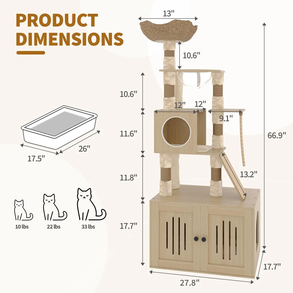 HiMISS Cat Tree With Litter Box Enclosure Storage Cabinet
