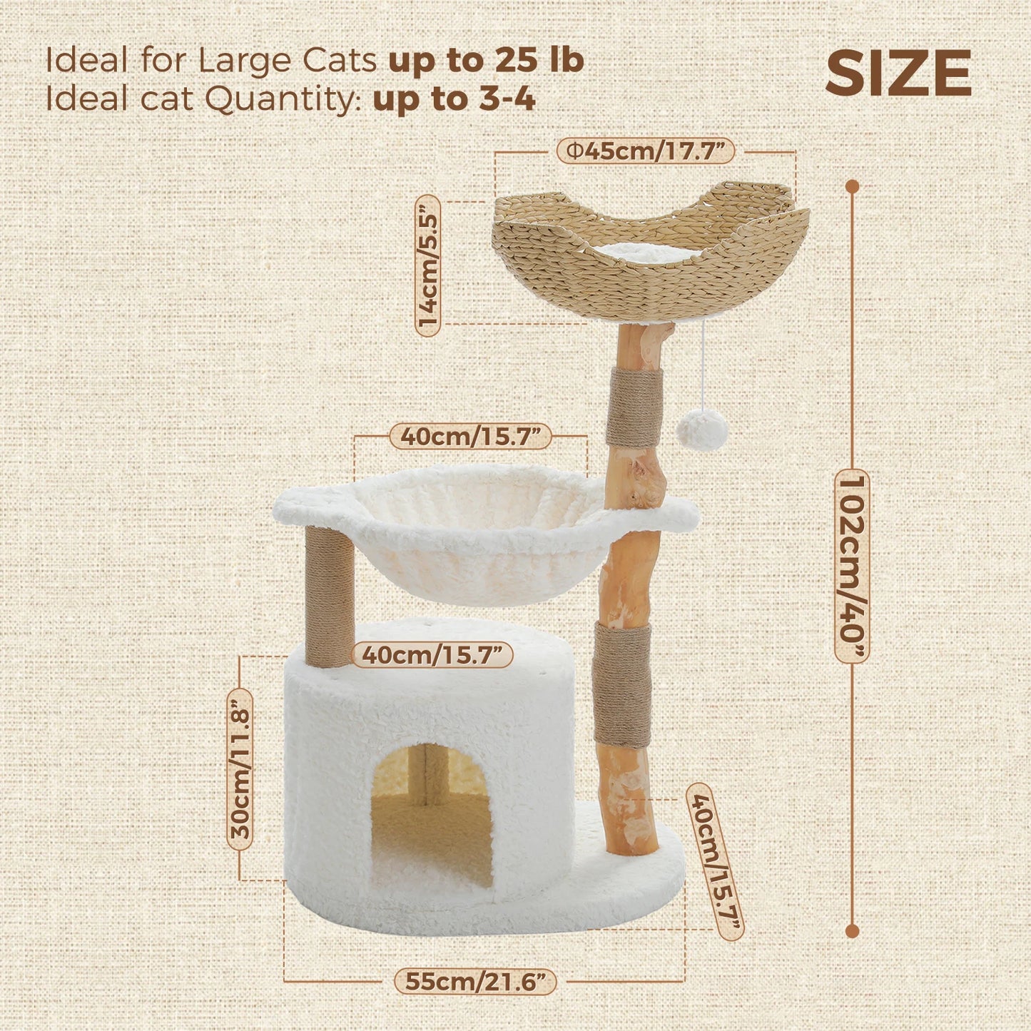 PEQULTICN Natural Wood Cat Tree Tower With Wicker Basket Indoor