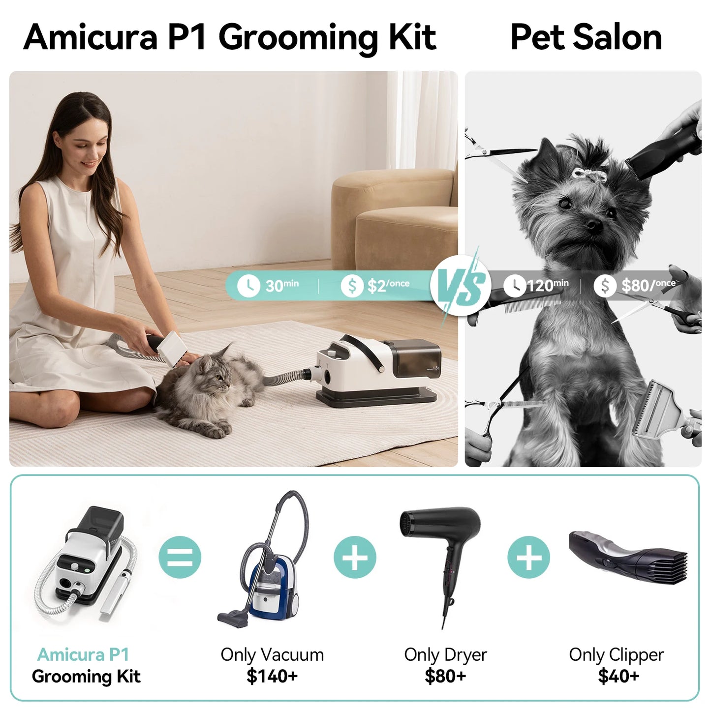 Amicura P1 Vacuum Cleaner And Hair Dryer 15kPa Grooming Kit