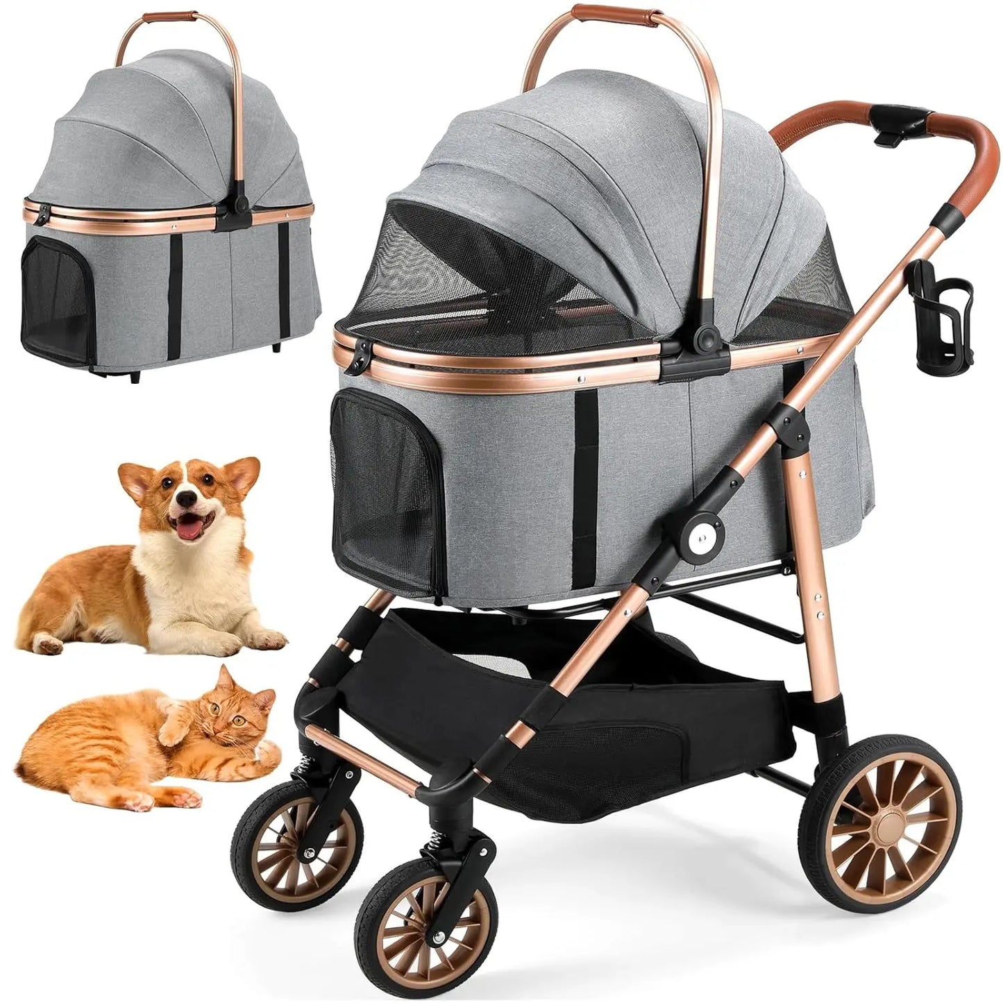 360 Degree High Wheels Foldable Pet Stroller 2in1 Dog Cat Buggy Max Load 25 Kg