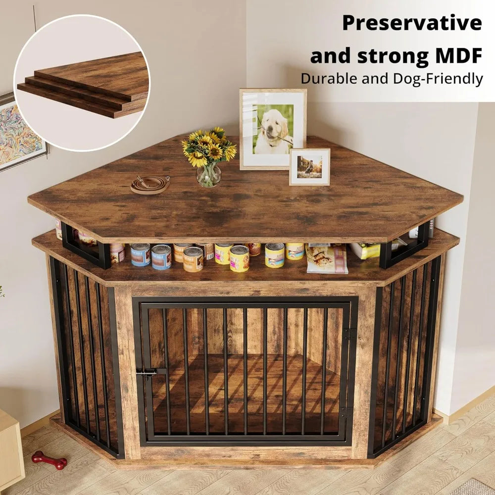 DAFIFY Corner Wooden Dog Crate With Shelves For Large Dogs
