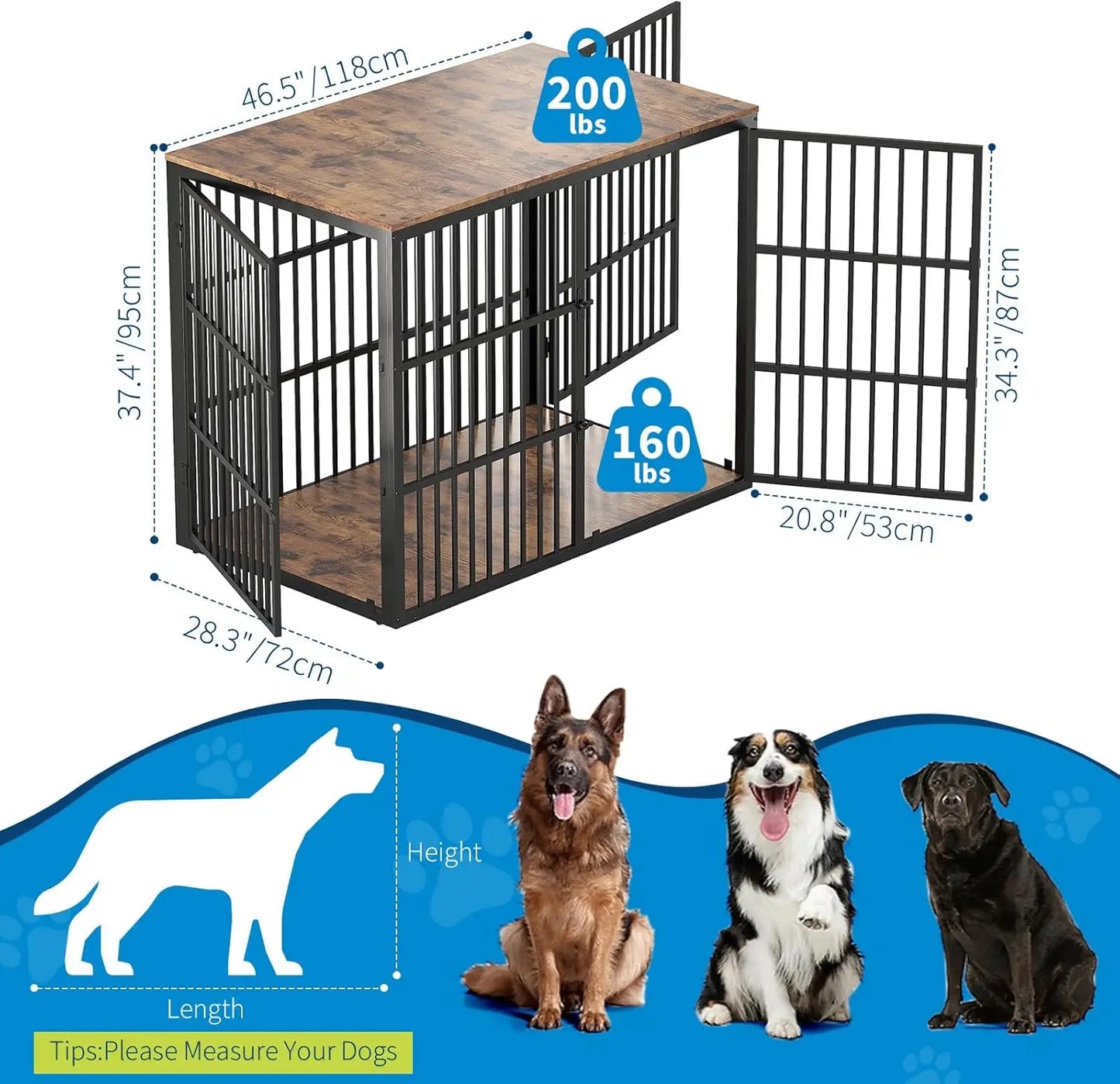 HiMISSH Wooden Dog Crate Furniture With Lockable Doors And Metal Frame