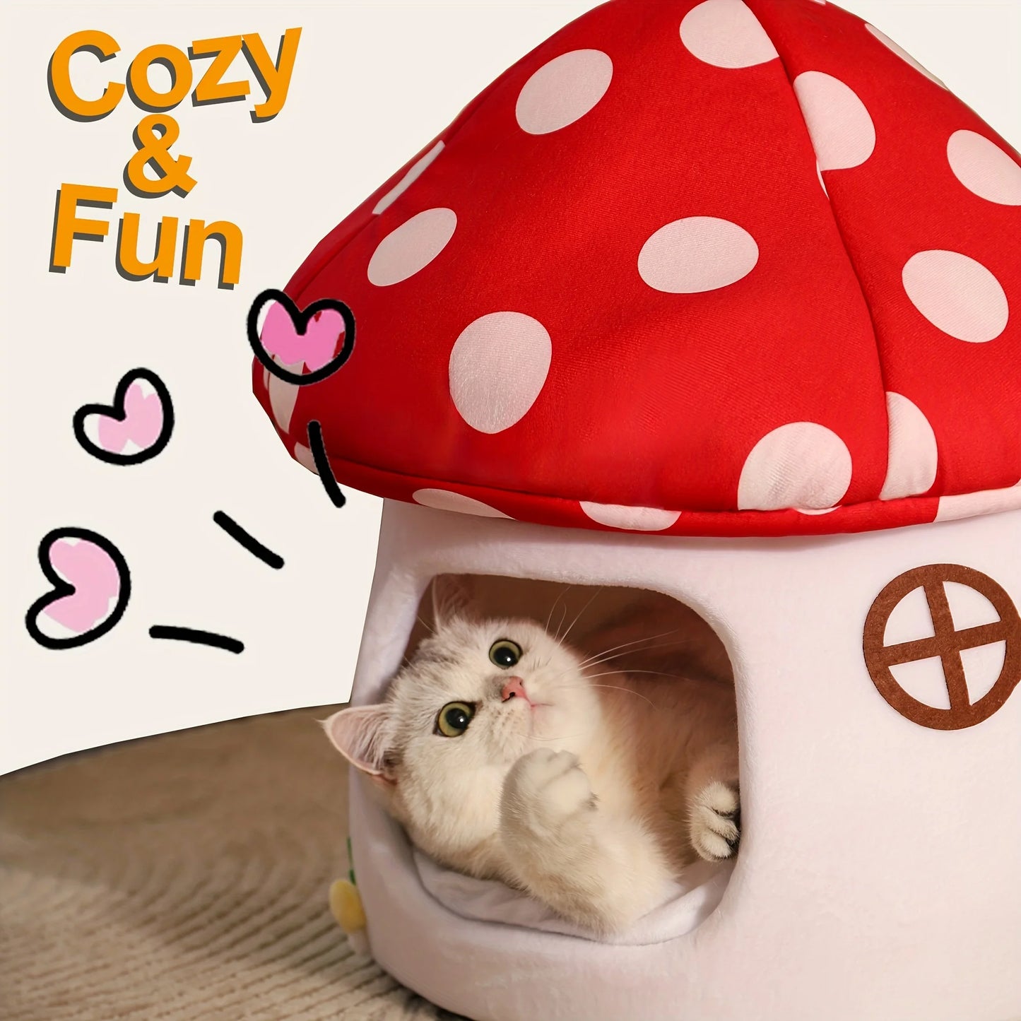 Mushroom Cat Bed Suitable for Indoor Cats, Mushroom-Shaped Cat Cave Bed, Cat Tent with Removable and Washable Cushion Pillow, Cat House Bed Suitable for Cats and Small Dogs