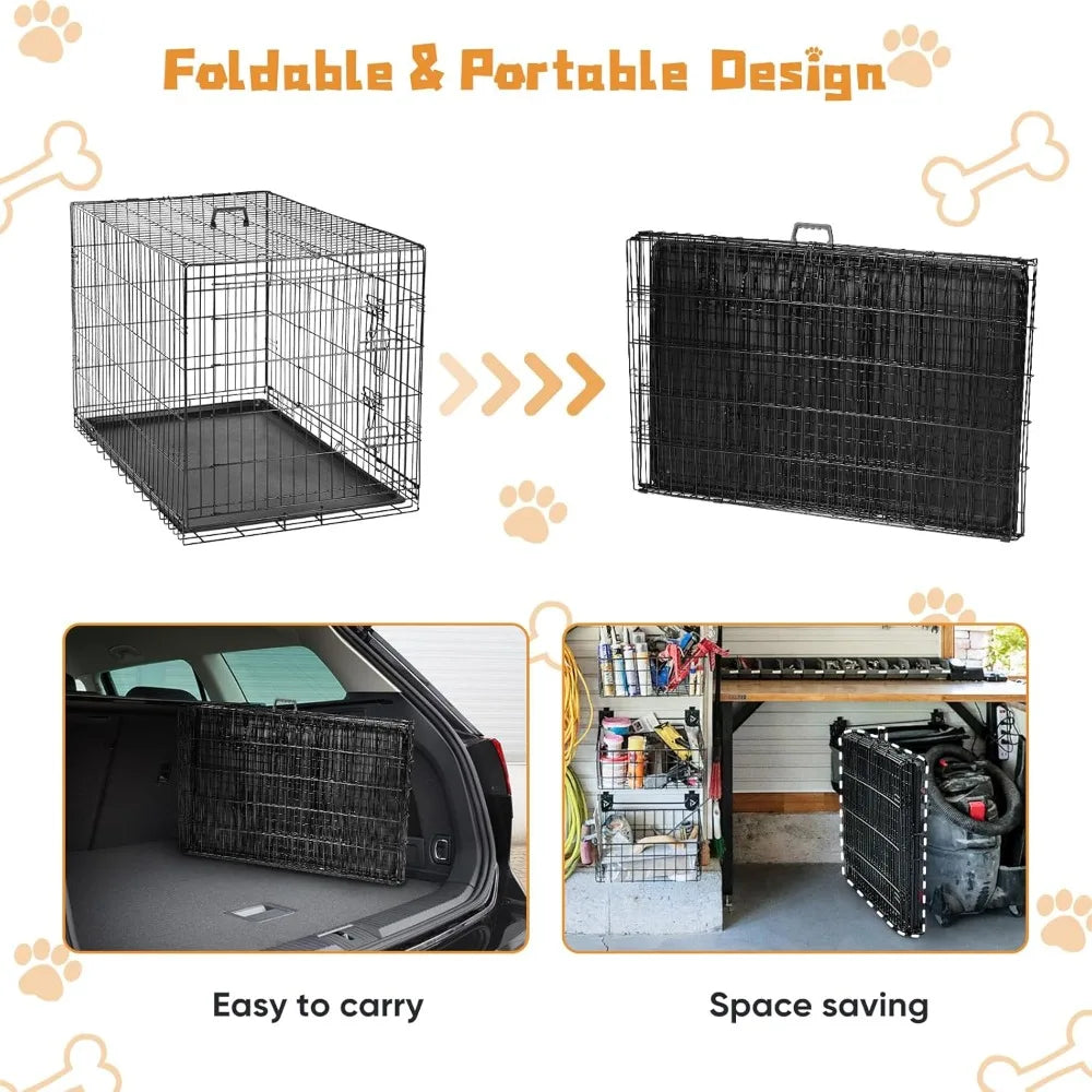 Dog Crate with Double Doors and Leakproof Pan Tray, Folding Wire
