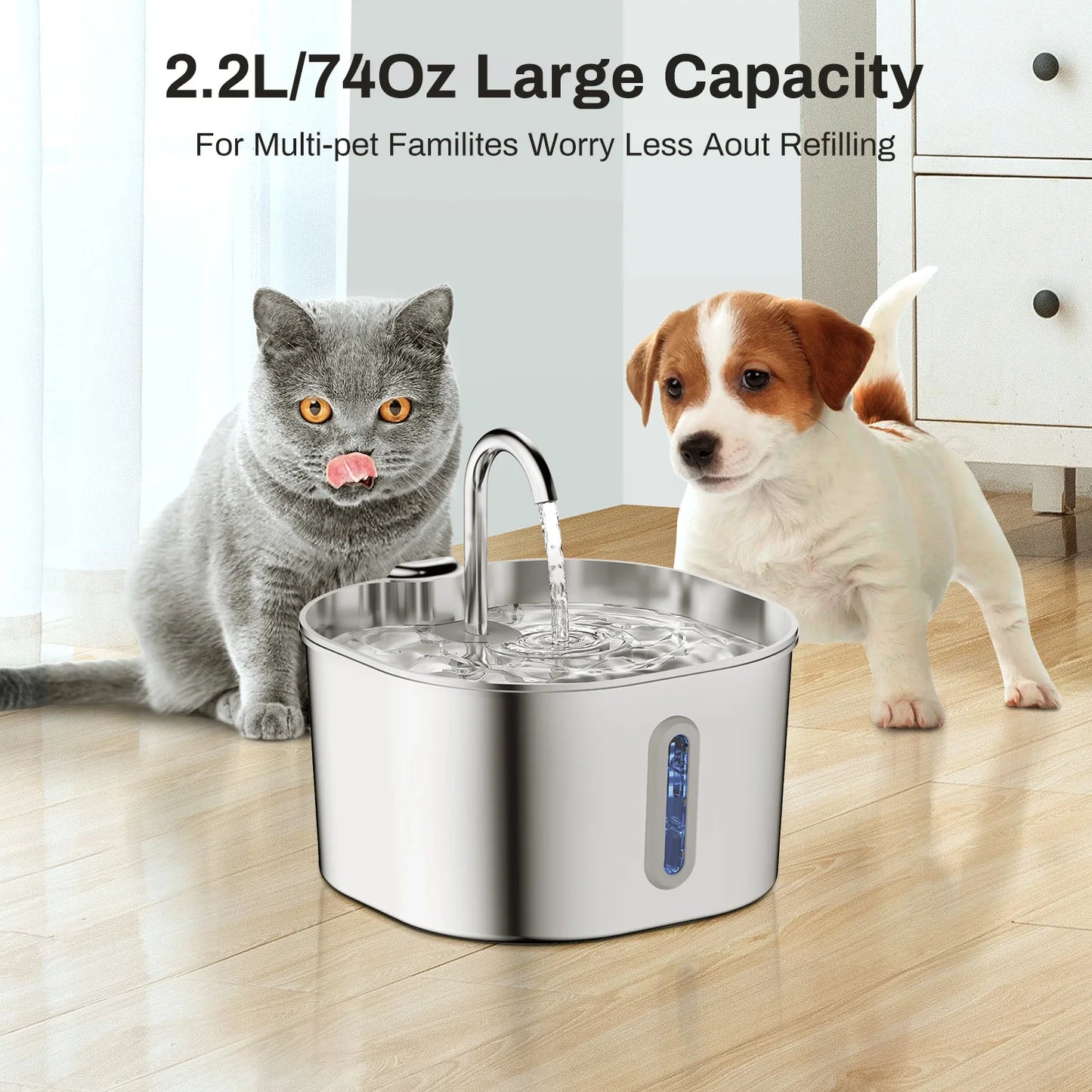 2.2L 5V USB Stainless Steel Cat Water Fountain Automatic Pet Water Auto Cat Drinking Fountain Dog Dispenser Drinker Bowl