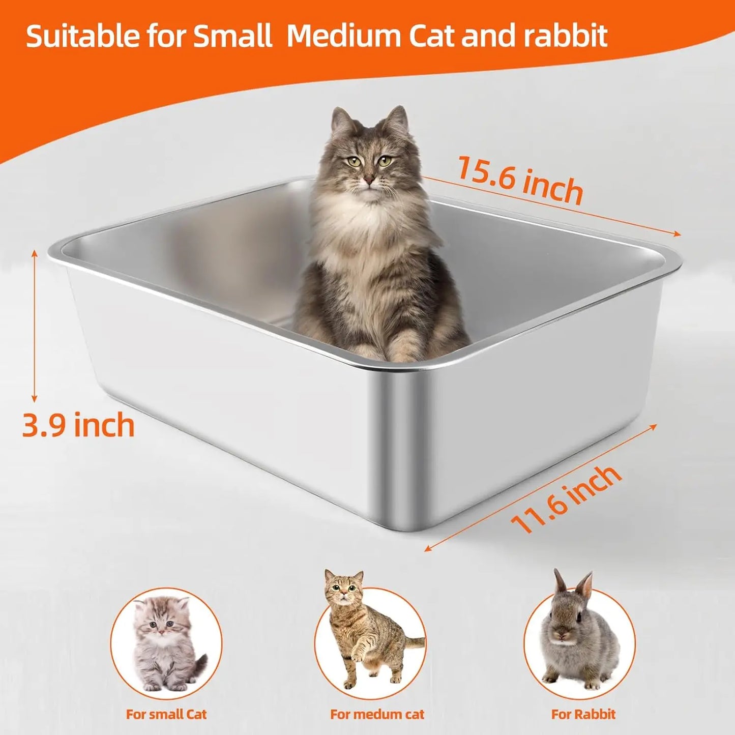 Stainless Steel Cat Litter Box with High Sides, Non-Stick Easy Clean Durable Pet Toilet for Small Cats (15.6x11.6x3.9 in)