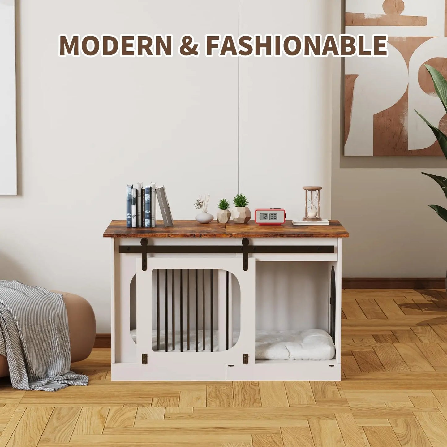 XL Dog Kennel Furniture,39.4 Inch Farmhouse Crate Furniture with Cushion Decorative White Dog Kennel Indoor Thick, Customized