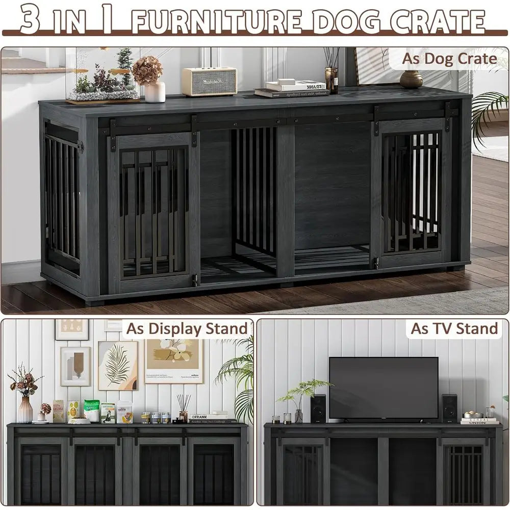 Large Dog Crate Furniture for 2 Dogs, Upgrade 71" Pro XXL Sliding Door Heavy Duty Dog Kennel Furniture with Divider, Steel Frame