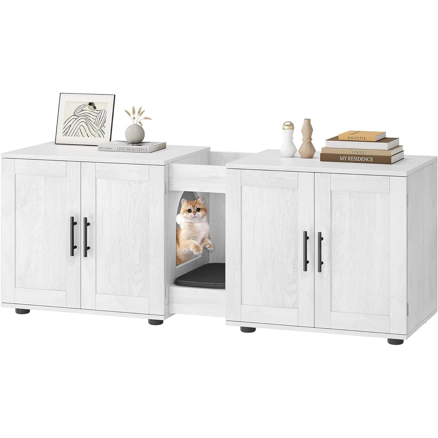 3-in-1 Wooden Washroom Cabinet with Double Compartments Cat Door & Scratching Pad Cat Litter Box Enclosure for Cats Supplies