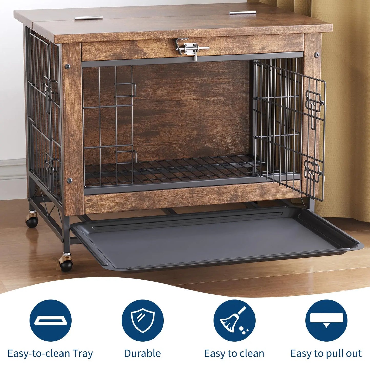 26" Wooden Dog Crate Furniture With Wheels Indoor Pet Kennel End Table Dual Door Chew-Proof Small Dog Cage With Removable Tray