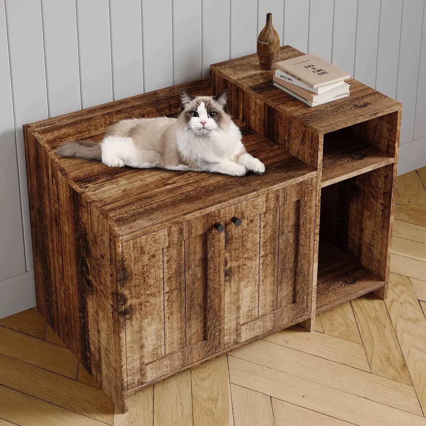 2 In 1 Hidden Cat Litter Box Enclosure & Sofa End Table, Dog Proof Wooden Cabinet Indoor Pet House with Storage Shelf/Doors