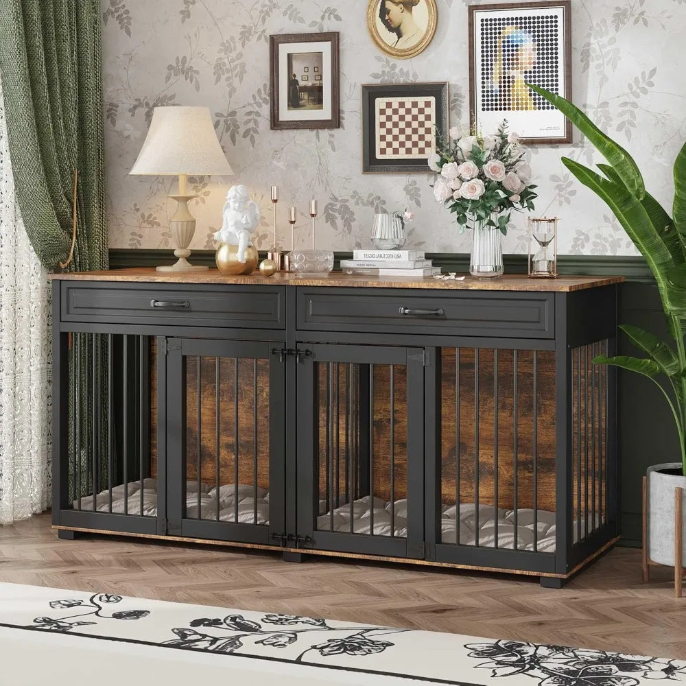 Large Wooden Dog Crate with Drawers and Divider, 64.6 Inch Indoor Double Room Dog Kennel
