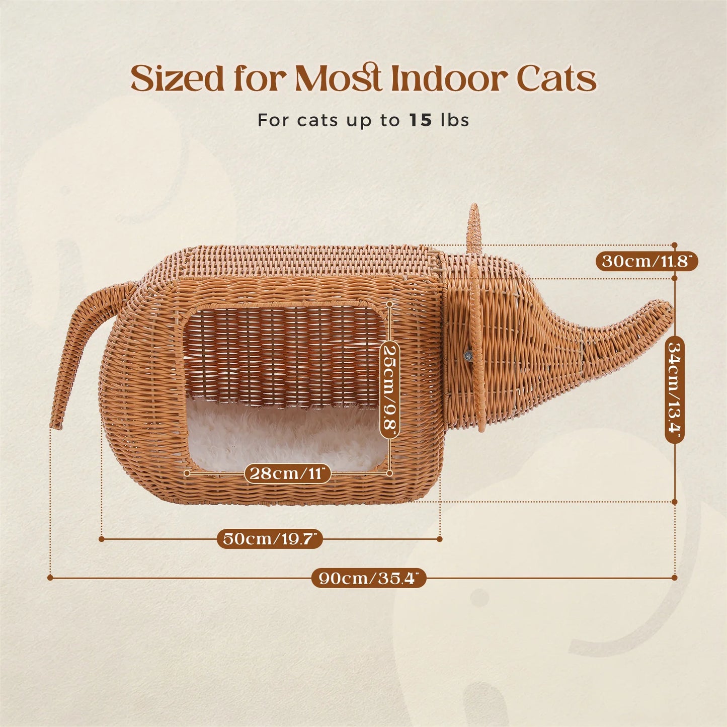 Elephant Cat Condo with Thick Plush Cushion Cute Handwoven Wicker Kitten House for Indoor Cats Natural Rattan Pet Beds Cat Nest