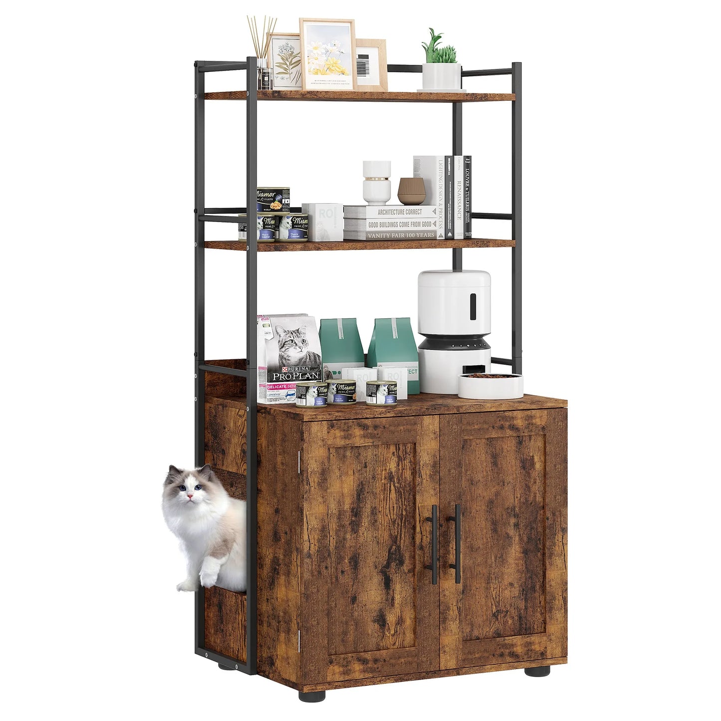 Cat Litter Box Enclosure with 2-Tier Storage Shelves and Doors Hidden Cat Washroom Cabinet Indoor Furniture Fits Most Litter Box