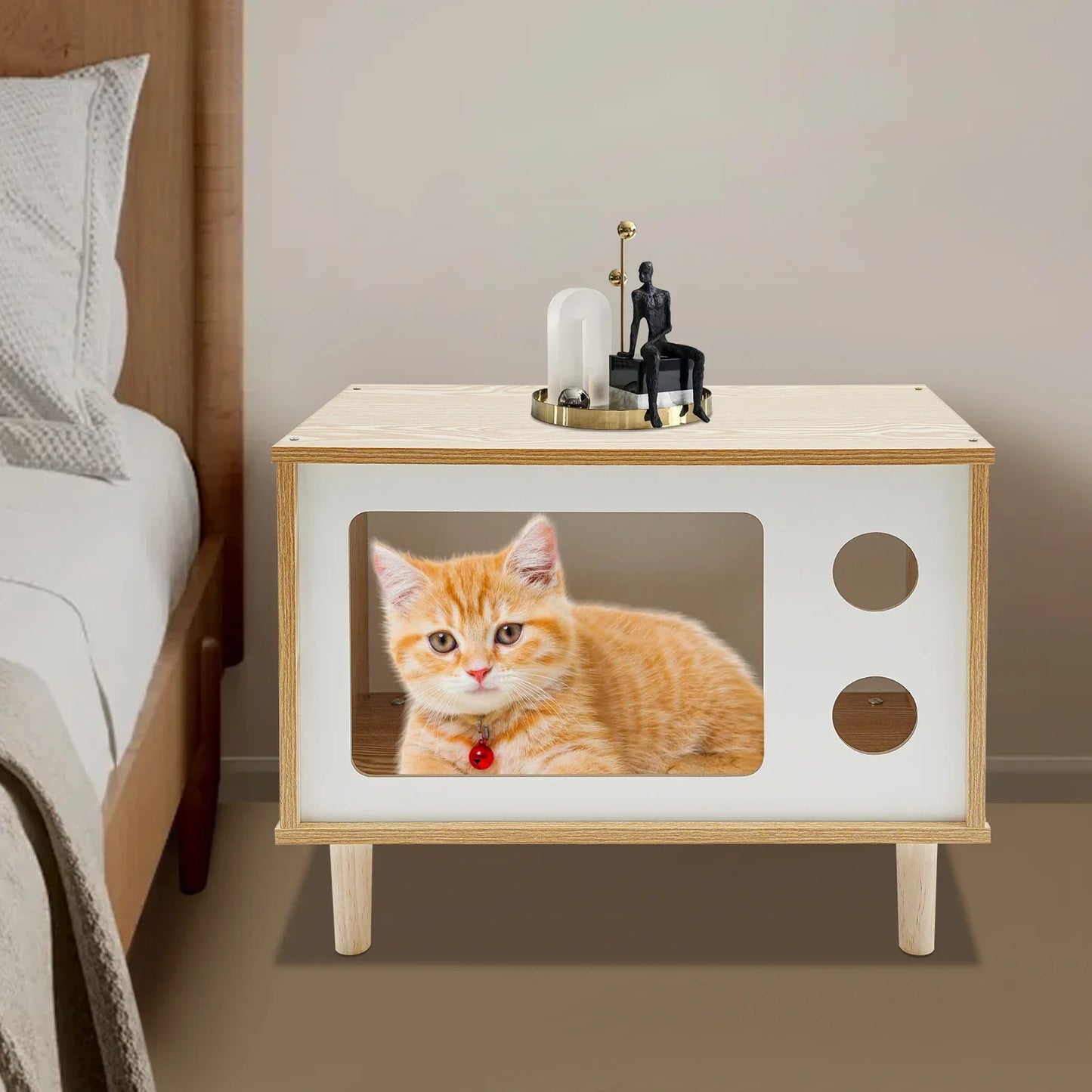 Cat House TV Stand With Mid Century Solid Wood Furniture