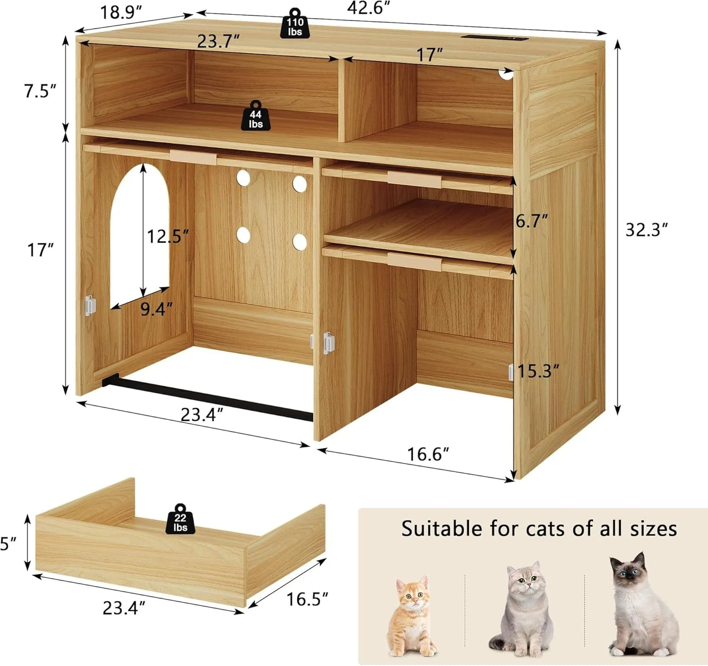 Cat Litter Box Furniture 42'' Hidden Enclosure with Litter Drawer, Litterbox Cabinet with Storage, Boho Rattan Style Indoor Cat