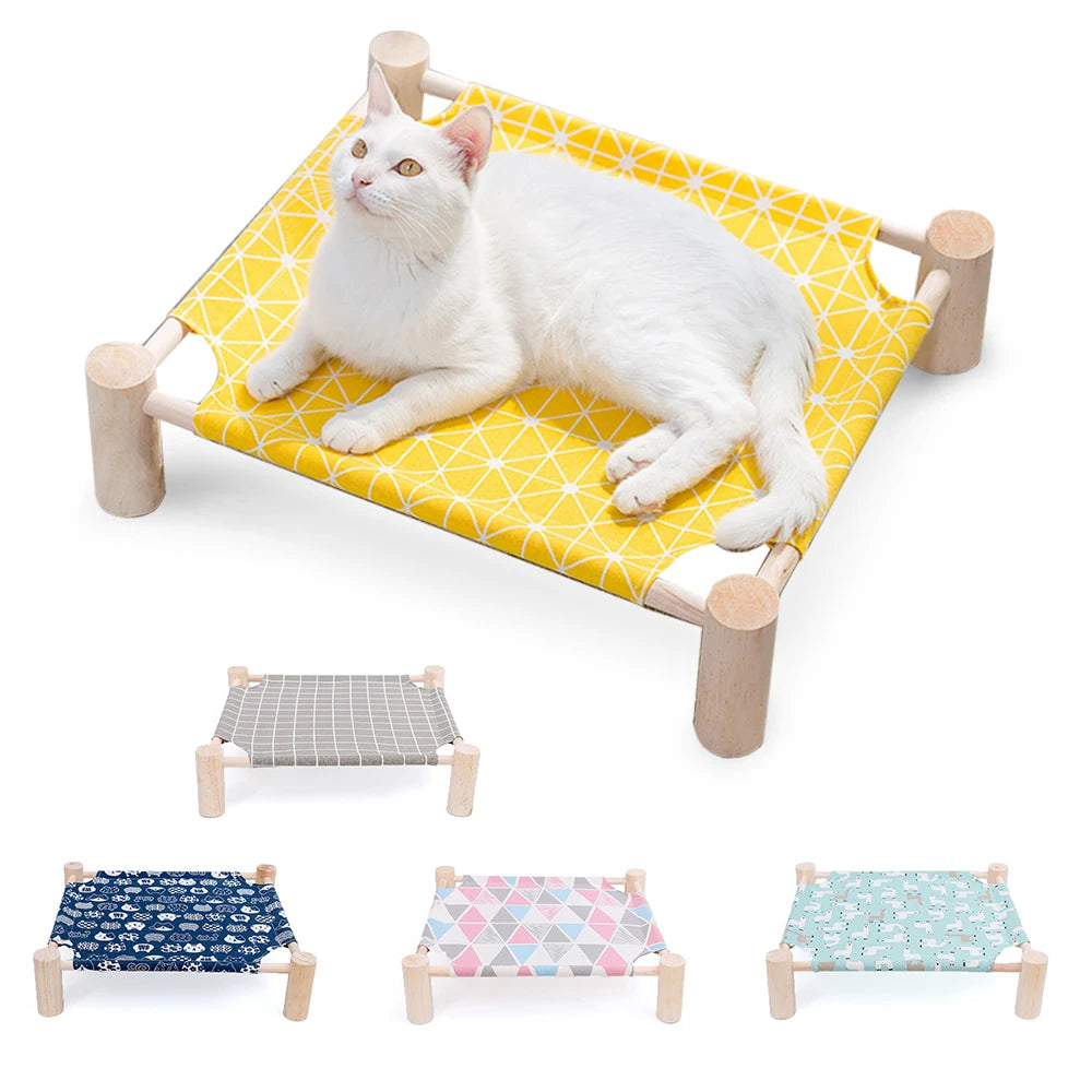 NONECN Elevated Cat Bed House Wood Canvas Cat Lounge