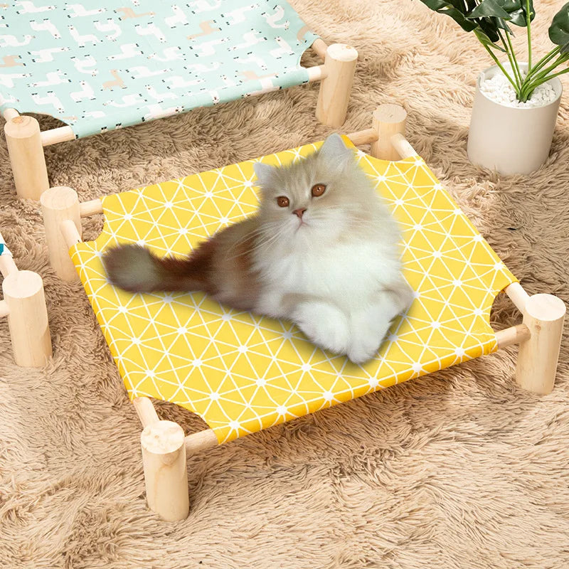 NONECN Elevated Cat Bed House Wood Canvas Cat Lounge