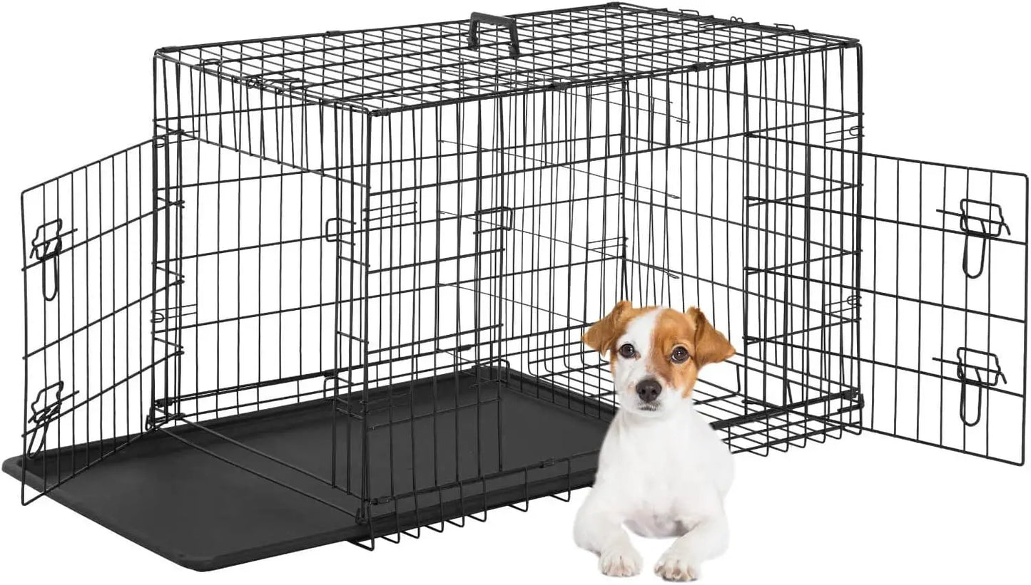 Folding Metal Dog Crate With Double Doors And Leak Proof Tray