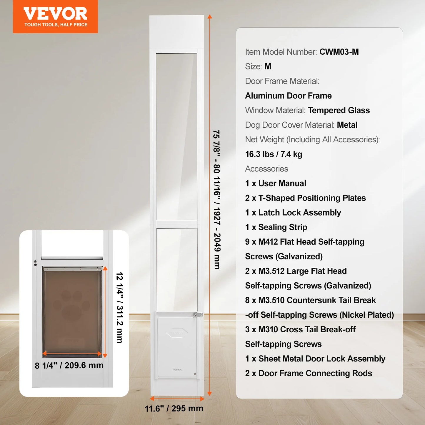 Dog Door for Sliding Glass Door Adjustable Height Aluminum Frame