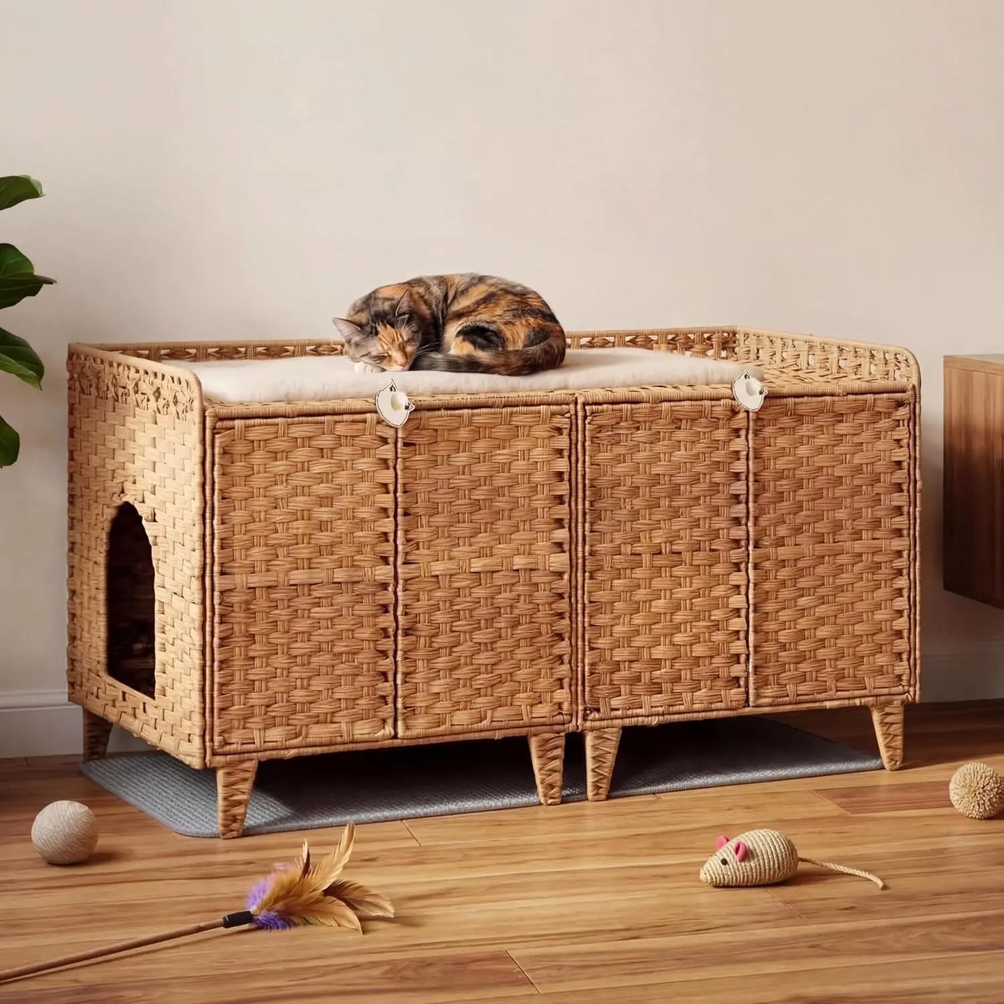 Cat Litter Box Enclosure Furniture, Handwoven Rattan Cat Bed Houses, Hidden Cat Washroom Furniture with Door/Mat