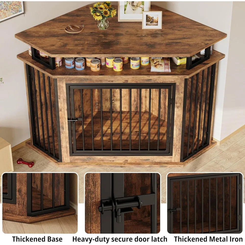 DAFIFY Corner Wooden Dog Crate With Shelves For Large Dogs