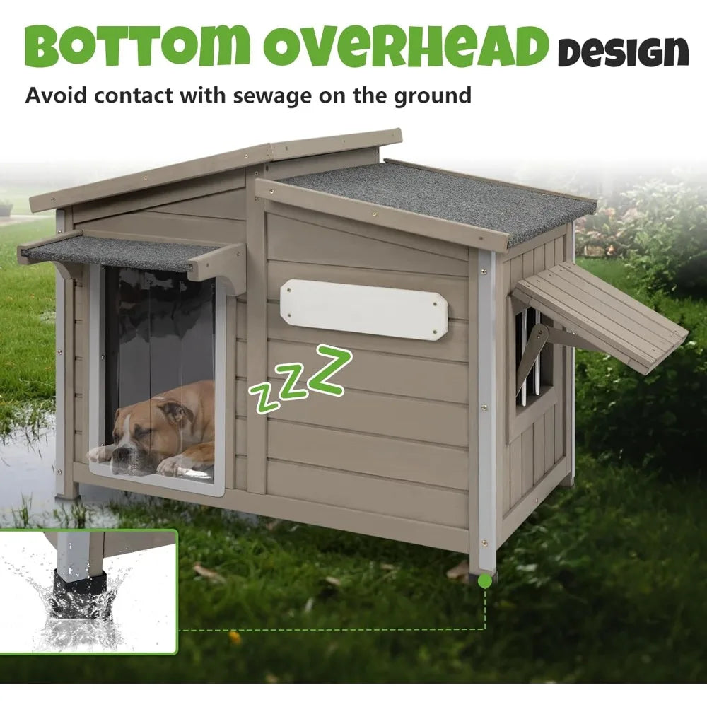 Outdoor Wooden Dog House With Adjustable Vent Windows Weatherproof