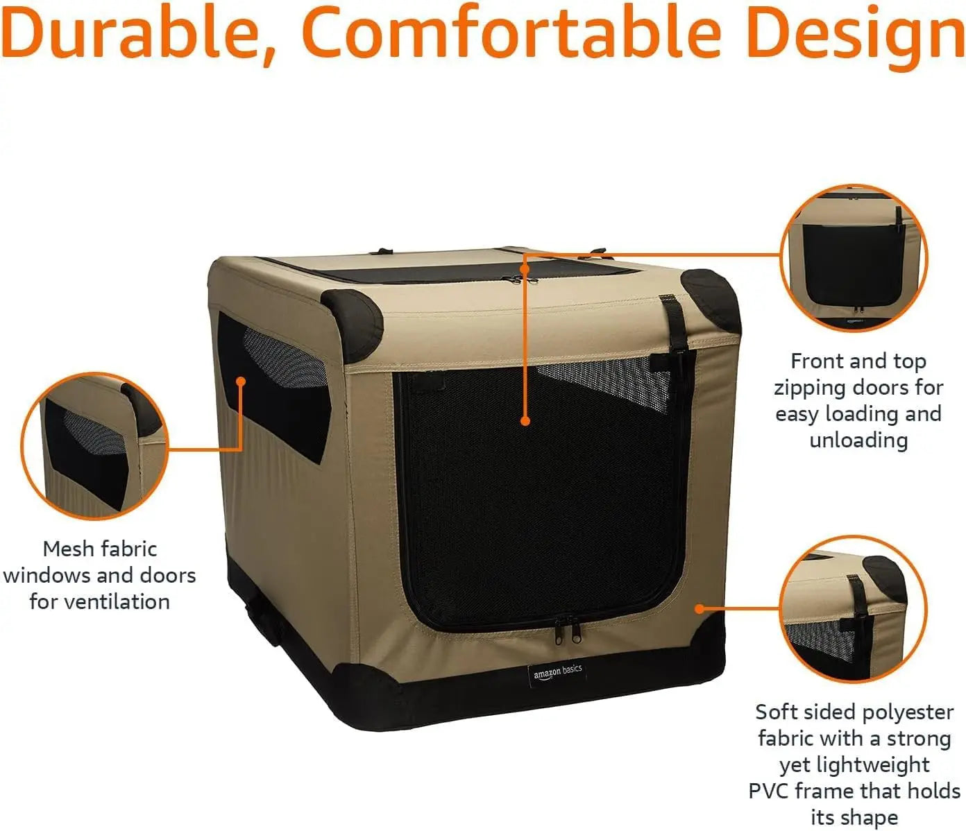 Portable Soft-Sided Dog Travel Crate, Medium Size (30x21x21 Inches), Tan - Easy Fold & Ventilation