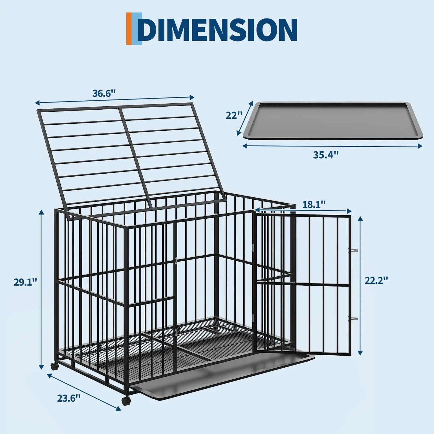 HiMISS Indestructible Stainless Steel Dog Crate with Wheels and Tray