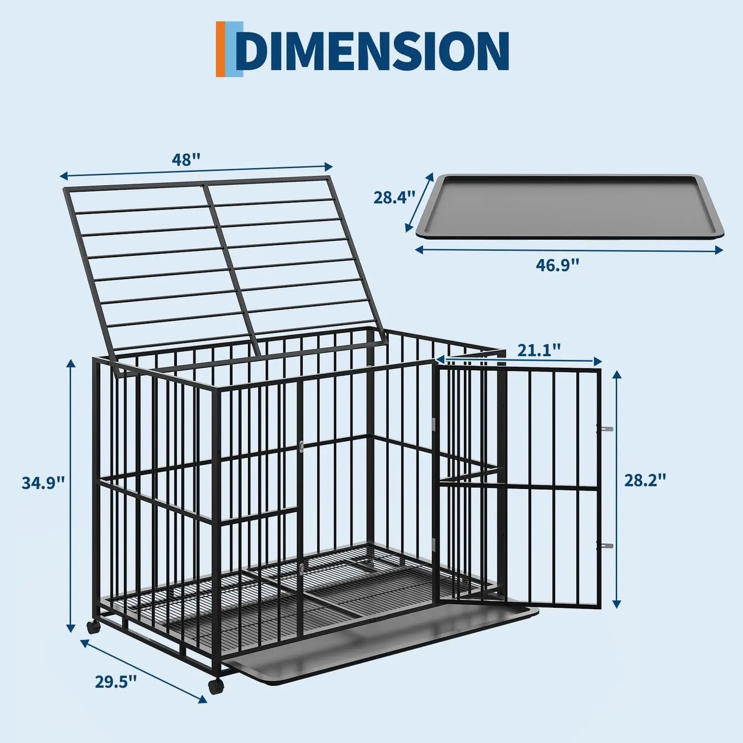 HiMISS Indestructible Stainless Steel Dog Crate with Wheels and Tray