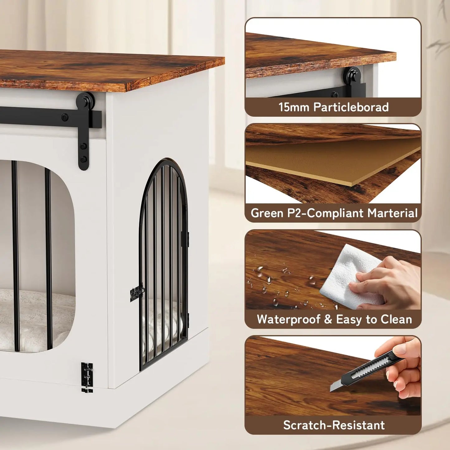 XL Dog Kennel Furniture,39.4 Inch Farmhouse Crate Furniture with Cushion Decorative White Dog Kennel Indoor Thick, Customized