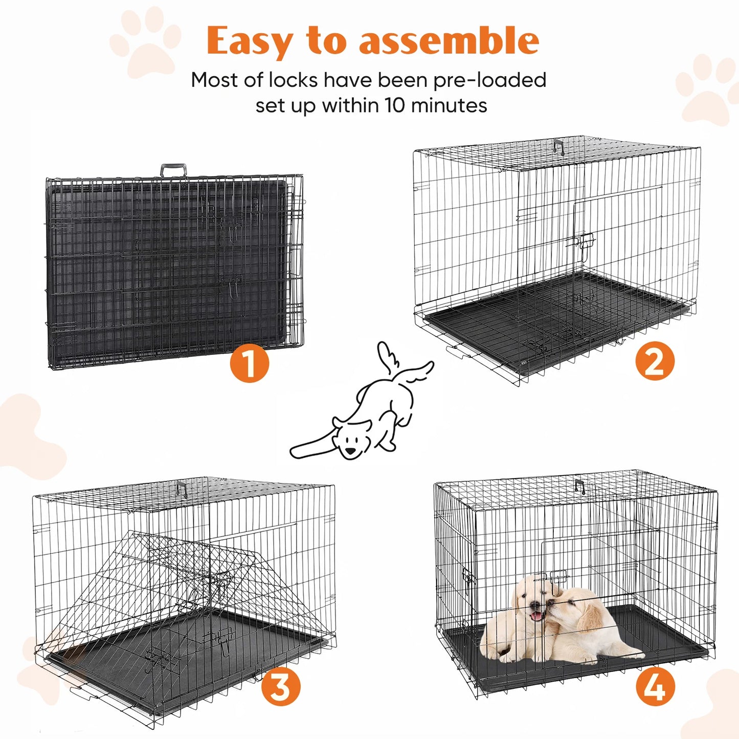 JHK Folding Metal Dog Cage With Double Door Leakproof Pan