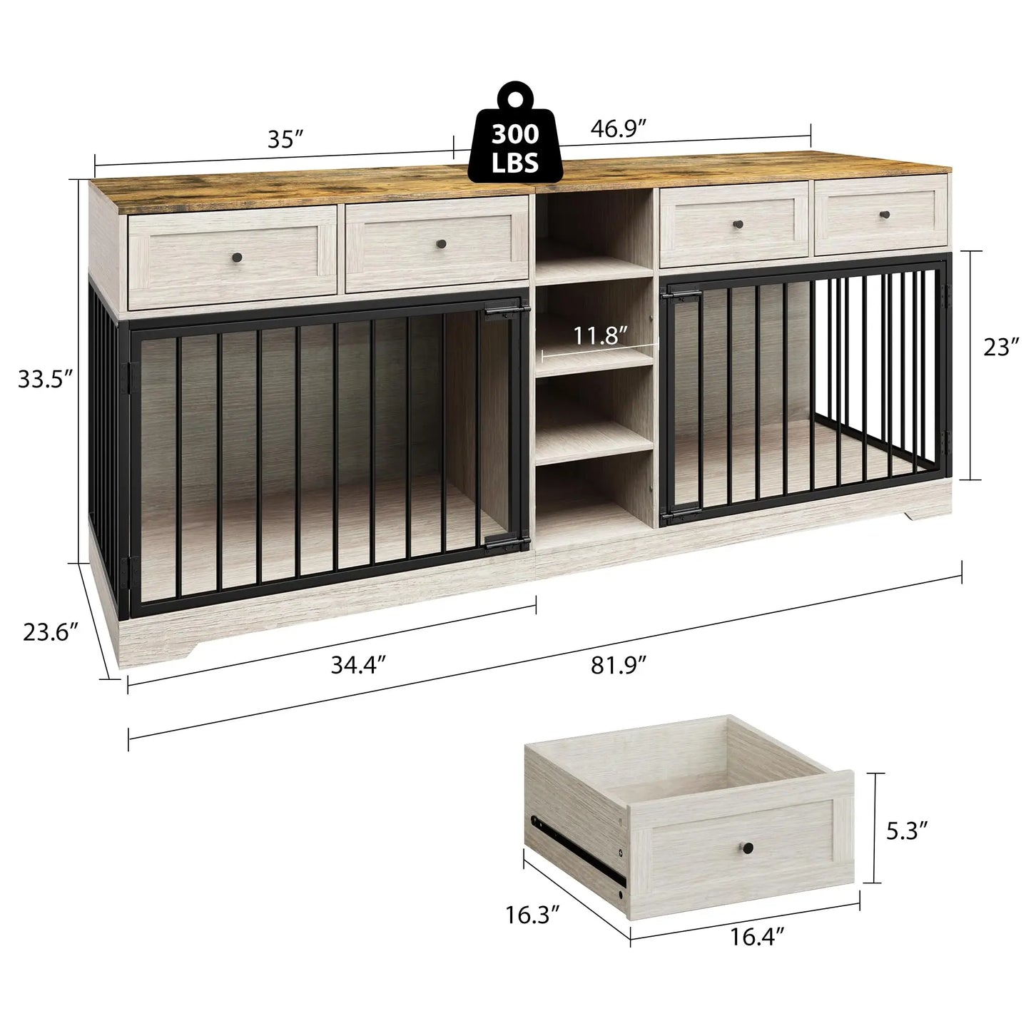 HiMISS Heavy-Duty Double Dog Crate Furniture TV Stand With Drawers