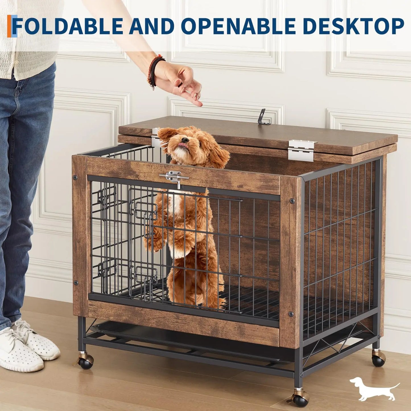 26" Wooden Dog Crate Furniture With Wheels Indoor Pet Kennel End Table Dual Door Chew-Proof Small Dog Cage With Removable Tray