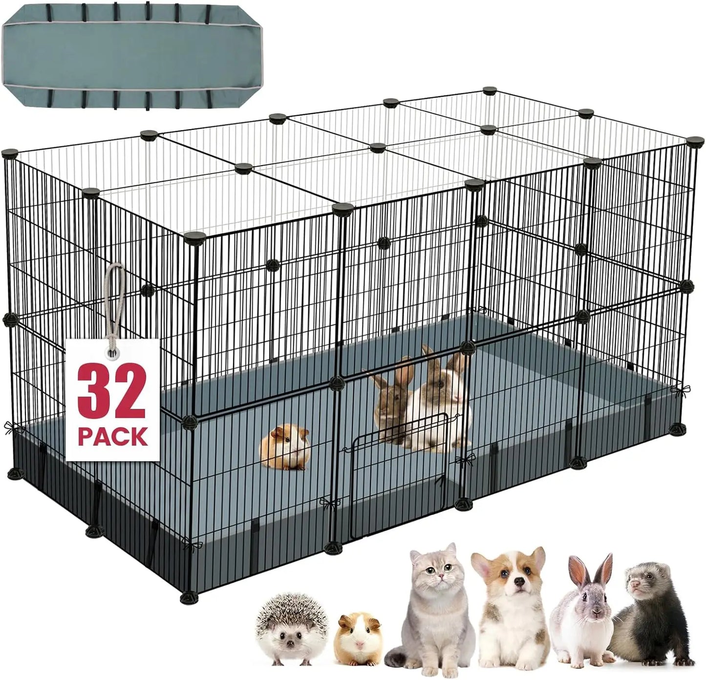 32-Panel Small Animal Playpen with Waterproof Mat, Portable Metal Fence for Guinea Pigs, Rabbits, Puppies Indoor/Outdoor