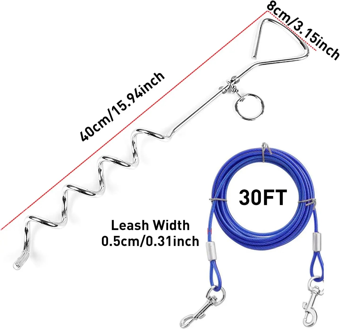 30ft Heavy Duty Dog Tie Out Cable with Anti-Rust Stake, Blue Leash for Medium-Large Dogs Up to 125 lbs