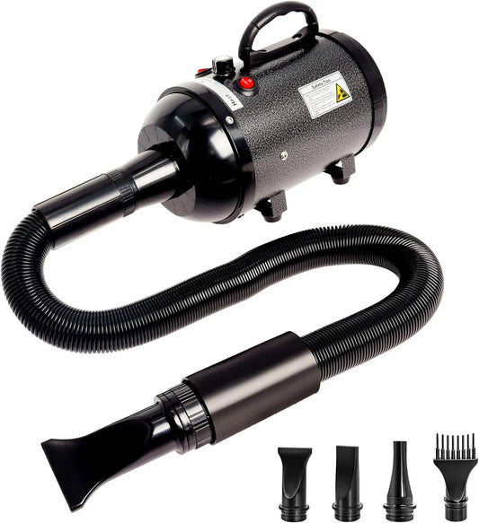 Professional High Velocity Dog Hair Dryer with Adjustable Speed, 4 Nozzles and 2 Temperature Settings for Pet Grooming