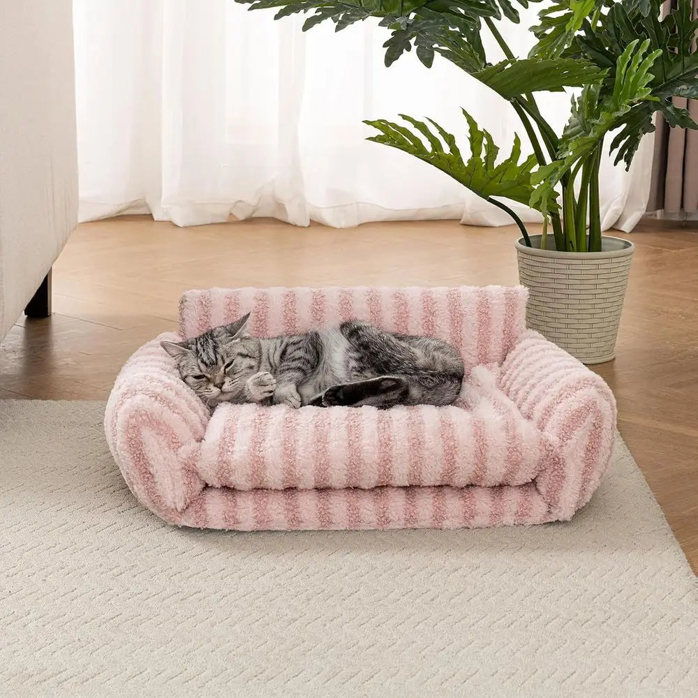 Double-Layer Orthopedic Plush Pet Couch, Multifunctional Sofa Nest Bed for Small Cats and Dogs, Pink (21x15x8 inch)