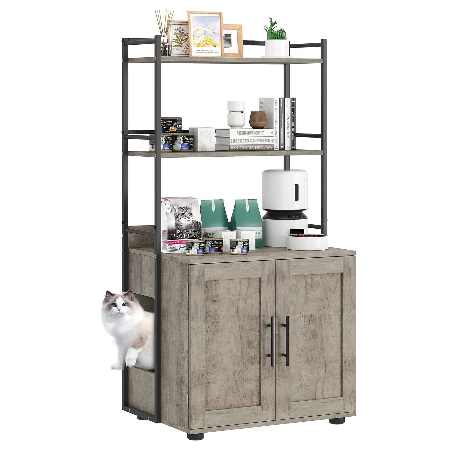 Cat Litter Box Enclosure with 2-Tier Storage Shelves and Doors Hidden Cat Washroom Cabinet Indoor Furniture Fits Most Litter Box