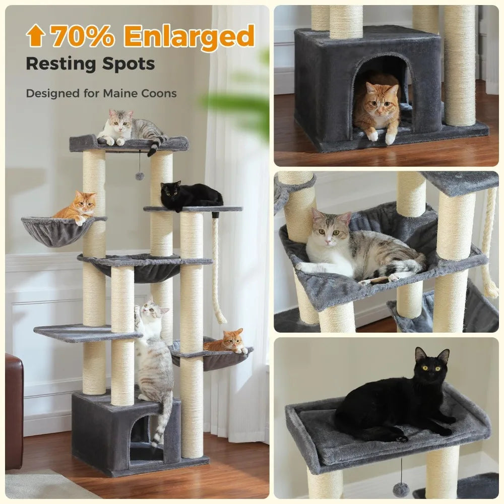heavy duty cat tree for maine coon – 67" tall cat tower with 13 thick (φ4.3) scratching posts, xxl cat condo with super large pe
