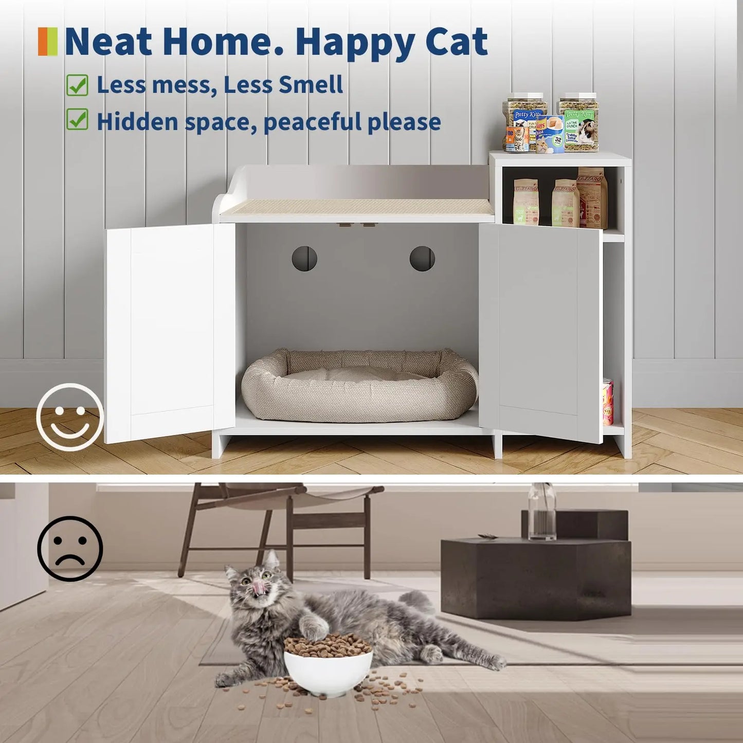 2 In 1 Hidden Cat Litter Box Enclosure & Sofa End Table, Dog Proof Wooden Cabinet Indoor Pet House with Storage Shelf/Doors