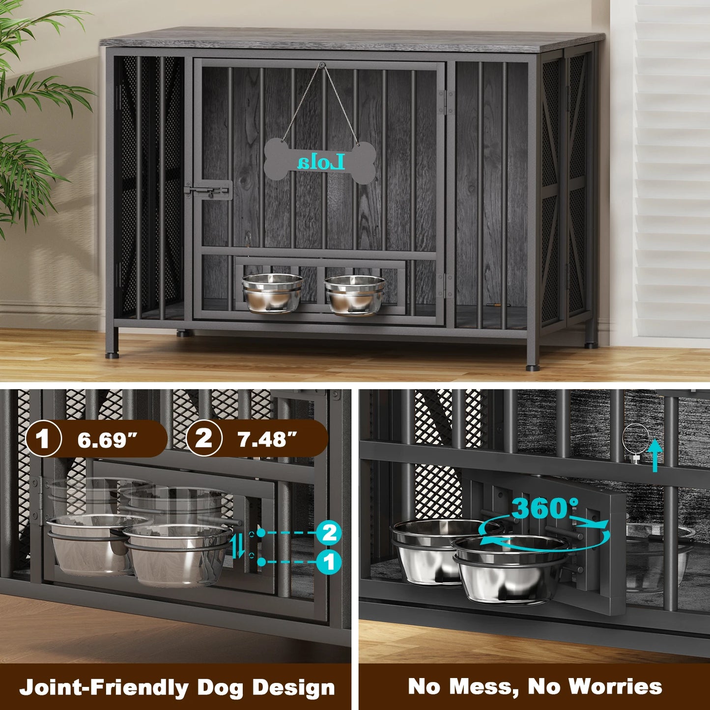Foldable Large Dog Crate Furniture,31"/41.3"Assembly-Free Dog Crates for Large Dogs,Wooden Dog Kennel Indoor w/ Tag&Dog Bowls