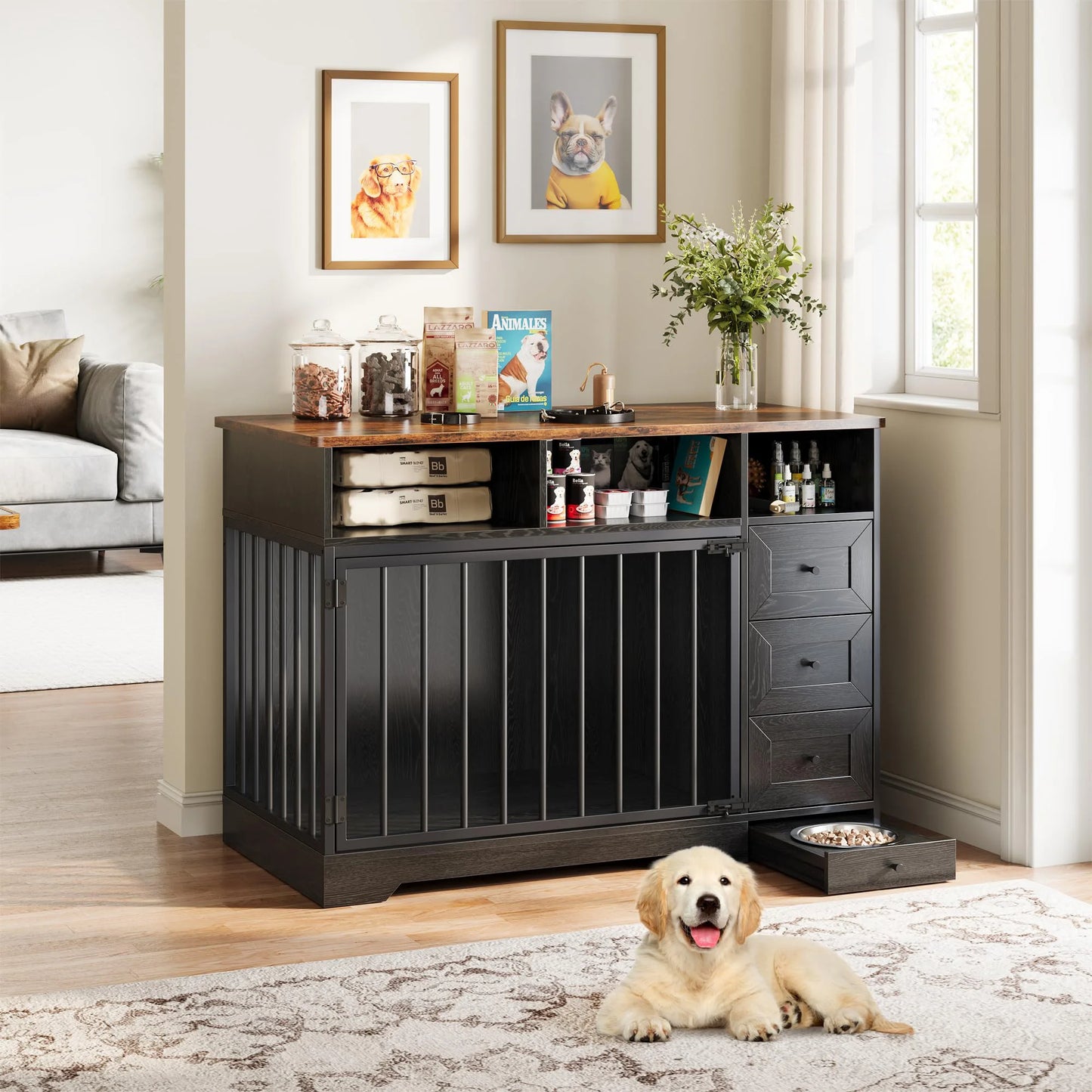 HiMISS Farmhouse Dog Crate End Table With Storage Drawers