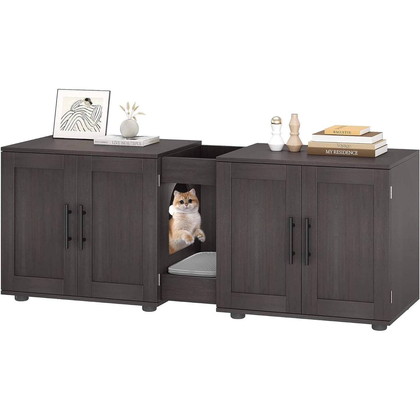3-in-1 Wooden Washroom Cabinet with Double Compartments Cat Door & Scratching Pad Cat Litter Box Enclosure for Cats Supplies