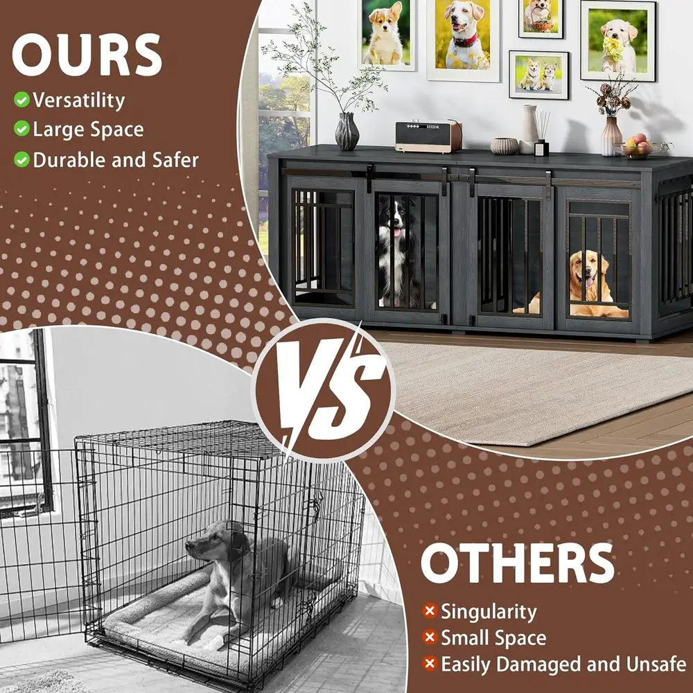 Large Dog Crate Furniture for 2 Dogs, Upgrade 71" Pro XXL Sliding Door Heavy Duty Dog Kennel Furniture with Divider, Steel Frame